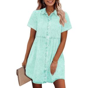 GRAPENT Denim Dress for Women Babydoll Tiered Short Sleeve Button Down Jean Shirt Dresses (Large, Verdant Green)