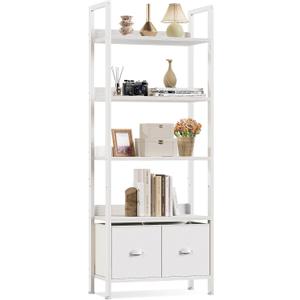 Furologee 5 Tier Bookshelf with Drawers, White Tall Bookcase with Shelves, Wood and Metal Bookshelves Storage Organizer, Modern Display Free Standing Shelf Unit for Bedroom, Living Room, Office