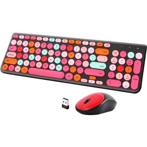 Wireless Keyboard and Mouse Combo, Retro Typewriter Keyboard with Round Keycaps, 2.4GHz USB Cute Wireless Keyboard Mouse for Computer, Desktop, Laptop and Computer (Black-Colorful)