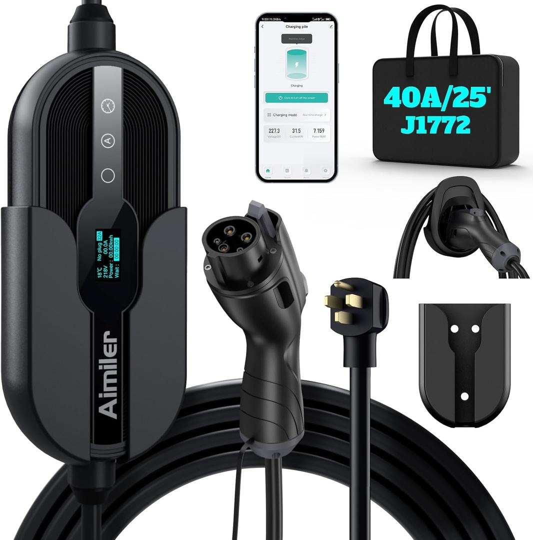 Level 2 Electric Vehicle (EV) Charger (WIFI APP/Plug-play), 40A, 25ft Cable ETL Certified, 220V-240V NEMA 14-50P Plug EVSE w/ J1772 Connector, Portable EV Car Charging Stations for Home Level 2 (Jet Black)