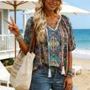 Halife Womens Flowy Boho Summer Tops Tassel Tie Front V Neck Short Sleeve Blouses Dressy Casual Loose Blouse Shirt Top Bohemian (M)