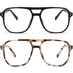 FEISEDY 2Pack Blue Light Blocking Glasses Fake Nerd Clear Square Computer Lightweight Pilot Glasses Frame Oversized B2866 (2pack Black+cow Leopard)