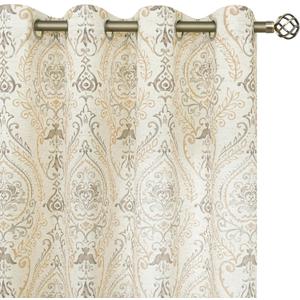 LAMIT French Country Yellow Linen Curtains for Living Room, 84 Inch Length Vintage Damask Floral Printed Curtains Grommet Light Filtering Rustic Cottage Drapes, 2 Panels, Each 52 x 84 Inch