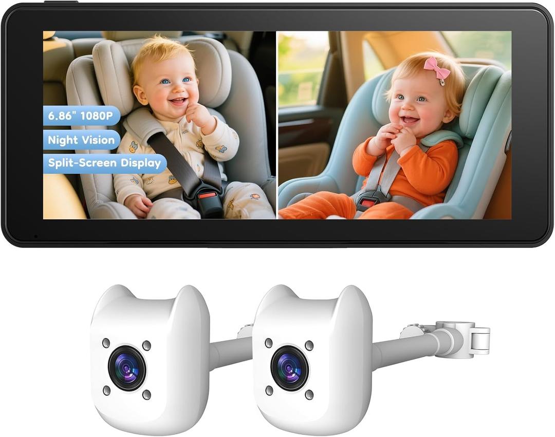 ELECROW Dual Baby Car Camera for 2 Kids - 6.86" 1080P Split-Screen Baby Monitor for CarSeat, 360° Full Rotation, IR Night Vision, Plug & Play Backseat Monitor for Twins & Siblings, Easy Install, Gifts