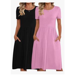 Riyiper 2 Pack Women Short Sleeve Dresses, Loose Fit Casual T Shirt Dress, Ladies Knee Length Swing Dress with Pockets Pink and Gray L