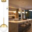 6 Inch Gold Mid Century Modern Pendant Light Pendants for Kitchen Island Frosted Milky White Glass Globe Height-Adjustable Modern Hanging Globe Pendant Light for Bedroom Foyer (Bulb Incl)