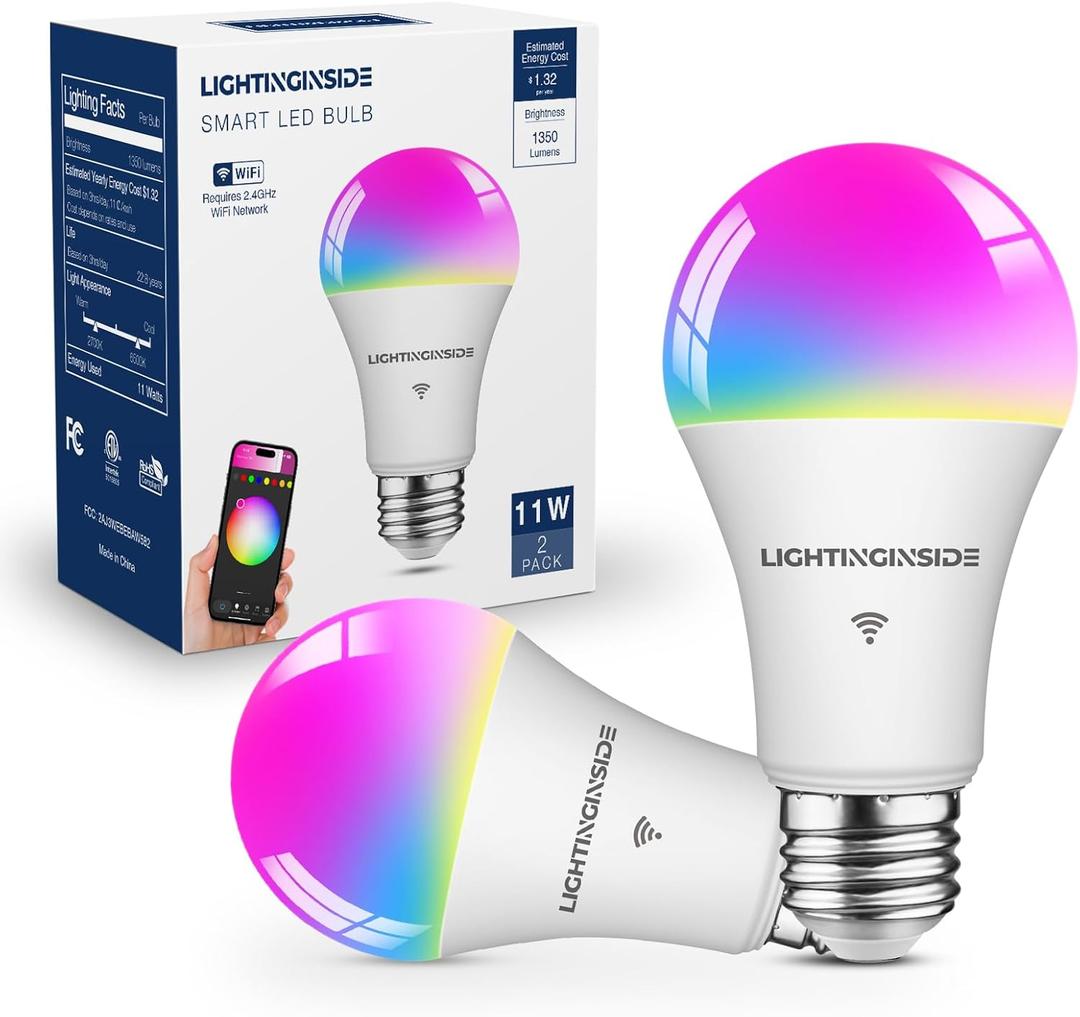 Smart Light Bulbs 100W Equivalent, 1350LM 11W WiFi Smart Bulb Compatible with Alexa/Google Assistant/Smart Life, A19 E26 RGBCW Color Changing, No Hub Required,2.4G WiFi, ETL Listed,2PCS