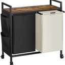 WOWLIVE Double Laundry Hamper with Lid,Rolling Laundry Basket Organizer with Wheels, Iron-Made Laundry Sorter with Top Shelf and 2 Removable Bags,Large Clothes Storage for Room,Black and Beige