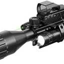 HIRAM 4-16x50 AO Rifle Scope Combo with Green Laser, Reflex Sight, and 5 Brightness Modes Flashlight