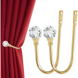 Curtain Holdback, 2pcs Wall Mounted Drapery Tiebacks with Clear Crystal Ball, Heavy Duty Metal Decorative Window Drapery Curtain Holder Curtain Hooks with Screws, Gold
