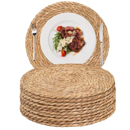 Tobulkirl Woven Placemats Set of 9, 13.5" Round Rattan Placemats, Natural Water Hyacinth Place mats, Farmhouse Weave Place Mats, Rustic Braided Wicker Table Mats for Dining Table, Home, Outdoor