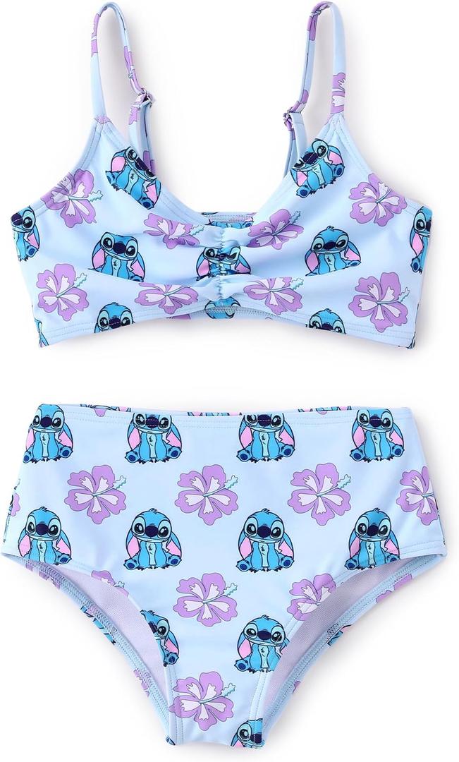 Disney Stitch Minnie Mouse Bikini Swimsuit, 2 Piece Toddler Girls Bathing Suit, Swimwear with Straps & Bow, UPF 50+ Rashguard