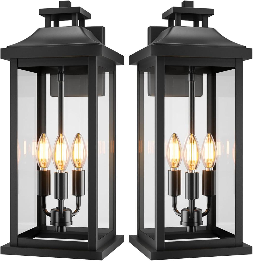 VenzBlomia 20" Large Outdoor Light Fixtures 3-Light 2 Pack, Black Outside Modern Porch Lights for House, Exterior Wall Sconce Lanterns Wall Mounted Waterproof Outdoor Coach Lamps for Garage E12, 2-Pack/No Sensor