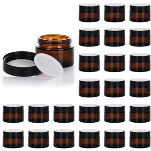 1oz Glass Jar with Lid, Hoa Kinh 25Pack Amber Round Containers Cosmetic Glass Jars with Inner Liners and Black Lids Travel Jars for Storing Lip and Body Scrub, Lotion, Body Butter, Bath Salts, Liquid