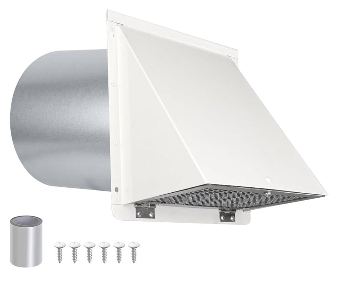 6 Inch Hooded Wall Vent with Screen and Damper,6 Inch Exhaust Vent Cover Cap for Outdoor Kitchen Range Hood Dryer Ventilation,Outside Wall Mount Extractor for House Air Exhaust,Galvanized Steel,White