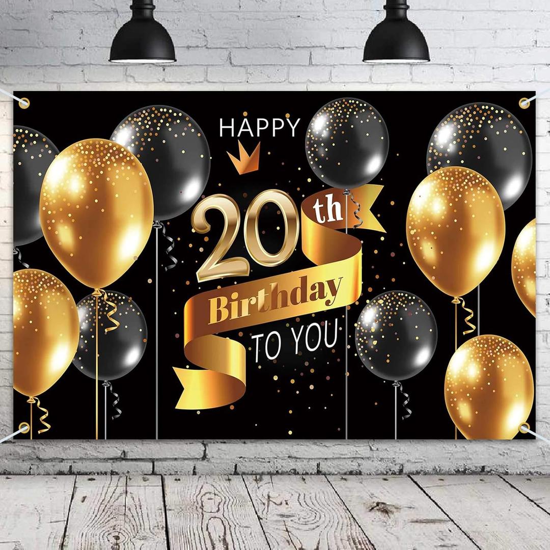 Happy 20th Birthday Backdrop Banner - 20 Birthday Party Decorations Supplies for Men - Black Gold 3.9 x 5.9ft