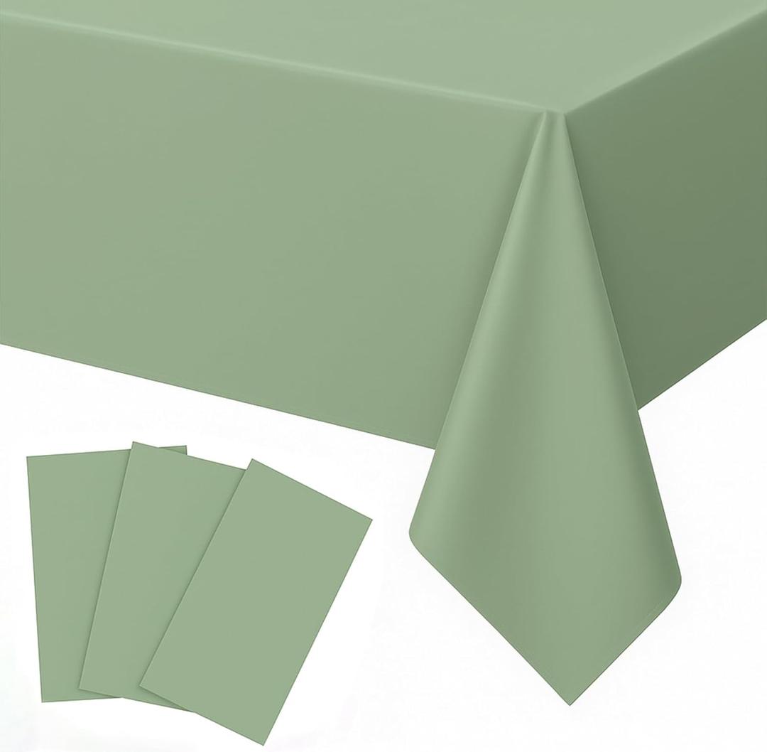 3 Pack Sage Green Plastic Tablecloth 54x108 inch Disposable Rectangle Table Cloth Waterproof Tablecloth for Baby Shower Family Dinners Holiday Parties