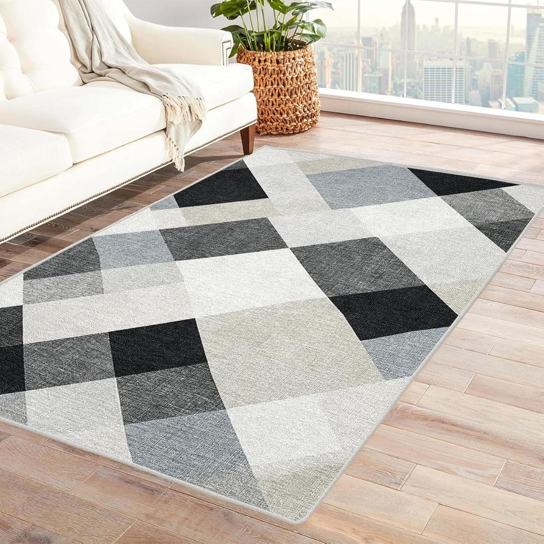 Checkered Area Rug 7x8 Washable Geometric Diamond Plaid Rugs Large Soft Rugs for Living Room Abstract Geometry Carpet Home Decor Indoor Low Pile Non Slip Bedroom Carpet (Grey)