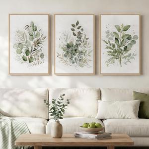 Framed Botanical Wall Art for Living Room, 3 Piece Neutral Sage Green Eucalyptus Leaf Canvas Prints, Modern Minimalist Watercolor Plant Pictures for Dining Room Bedroom Office Wall Decor, 16x24 inch