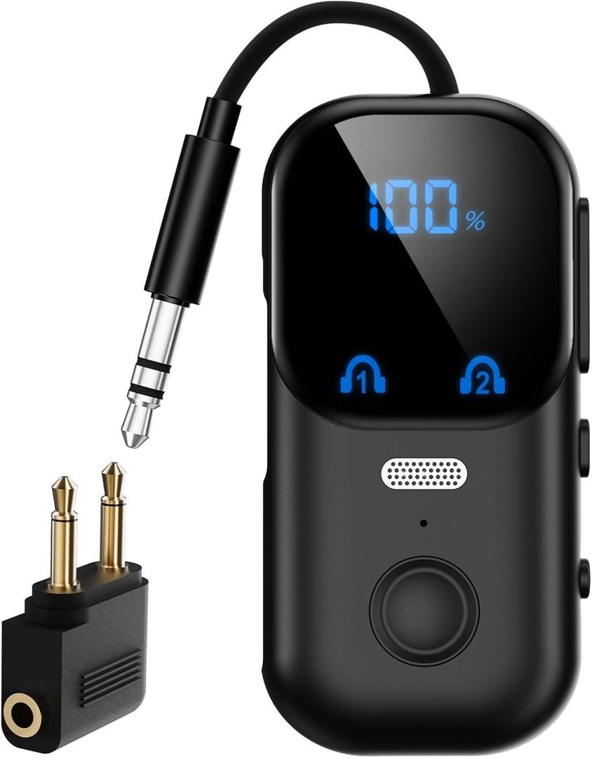Bluetooth 5.4 Transmitter Receiver aptX Adaptive for 2 AirPods/Headphones, 2-in-1 Bluetooth Audio Adapter with Mic & LED Display for TV, Airplane Travel, 3.5mm AUX Wireless Adapter for Car/Home Stereo (Black)