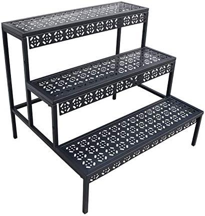 aboxoo 3 Tier Stair Style Large Metal Plant Stand, Garden Display Shelf Flower Pot Holder Storage Organizer Rack for Indoor Home Outdoor Patio Balcony Yard( Black, Rectangle)