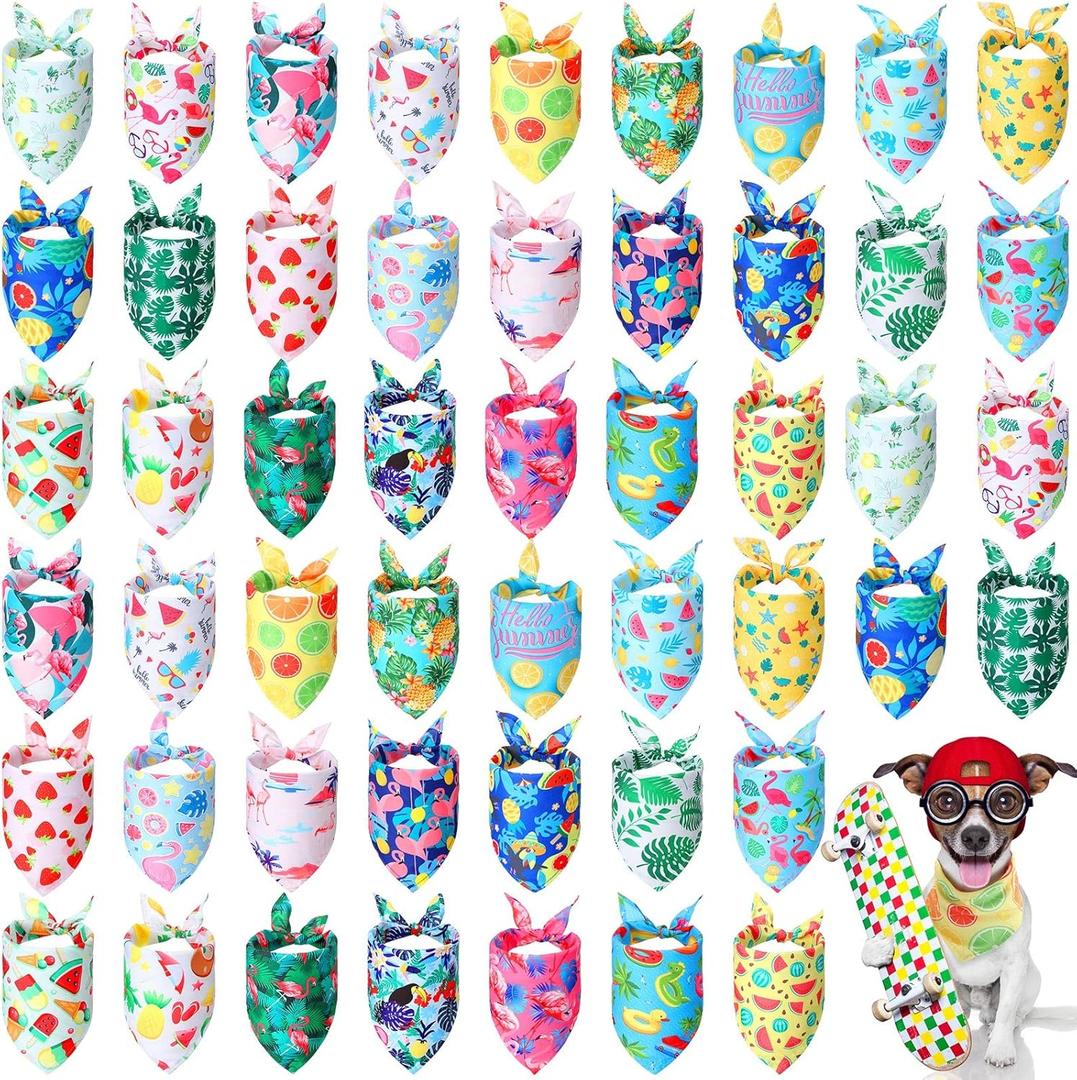 Chunful 50 Pieces Dog Bandanas for Summer Bulk Hawaiian Bandanas Bib Triangle Dog Scarf Set with Fruit Leave Flamingo Pattern for Summer Pet Costume Accessories Decoration(25.6 x 17.7 x 17.7 Inches)
