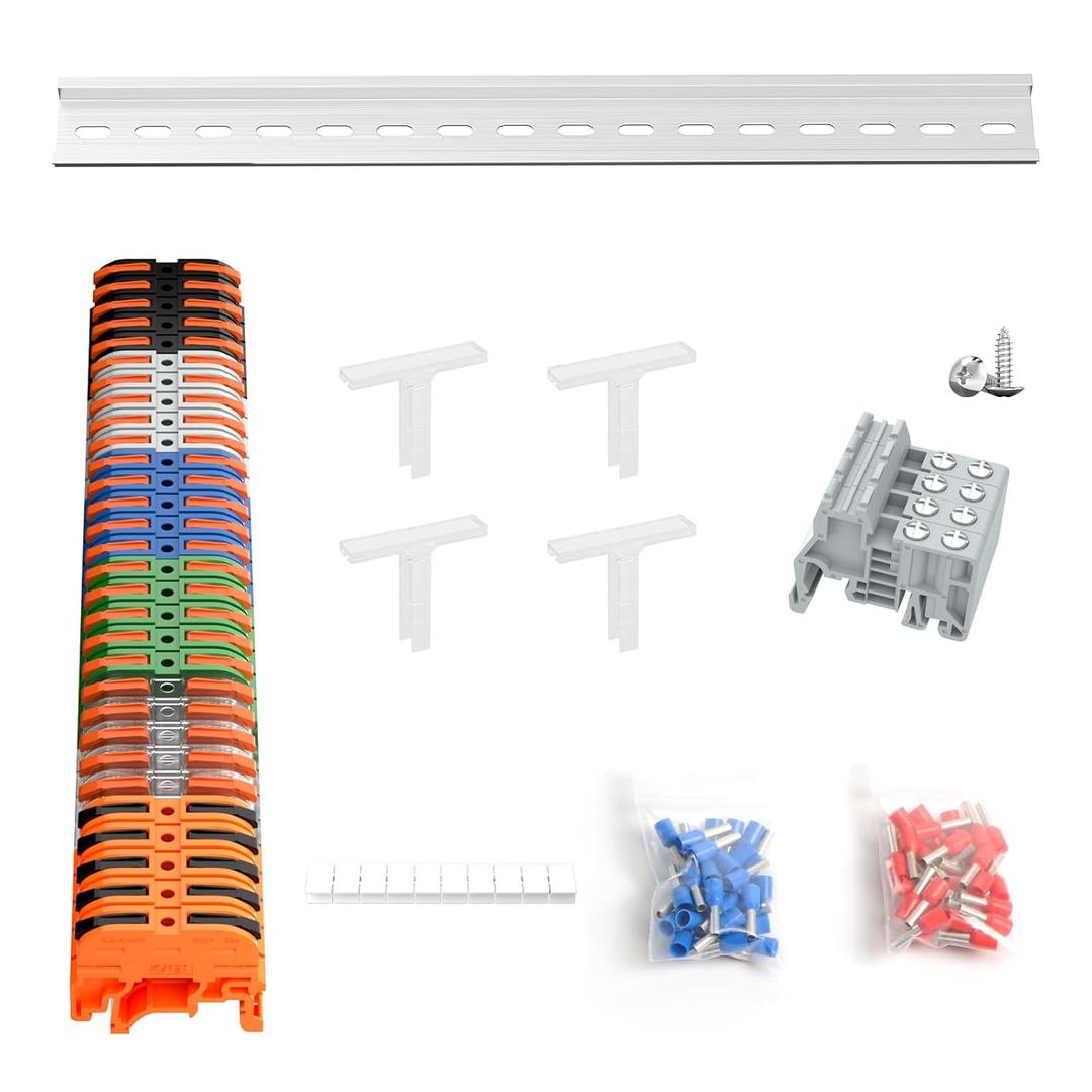KV121 Terminal Block Kit, 600V 32A 24-12 AWG Compact Lever Wire Connectors, 12.6 DIN Rail Included, Quick Wiring Connection, DIN Rail Terminal Blocks Kit (Black, White, Blue, Green & Orange)