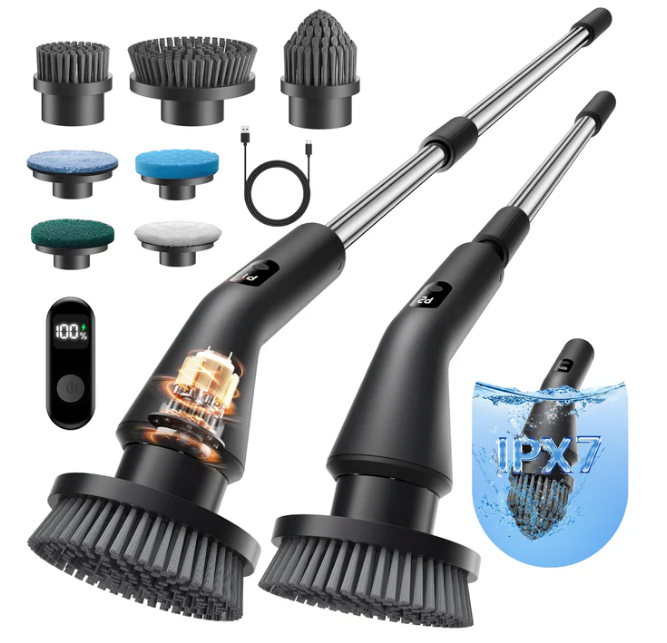 Leebein Electric Spin Scrubber, 2025 Upgraded Cordless Cleaning Brush Scrubber, IPX7 Waterproof Power Scrubber with 7 Brush Heads, Extended Handle and 2 Speeds for Bathroom Shower Bathtub Floor