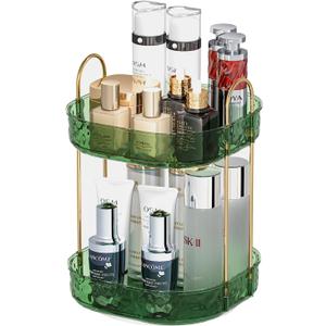 BIEDUM 360° Rotating Makeup Organizer with Perfume Holder – Bathroom Counter Organizer – Maximizes Storage Space with Stylish 2-Tier Design, Green
