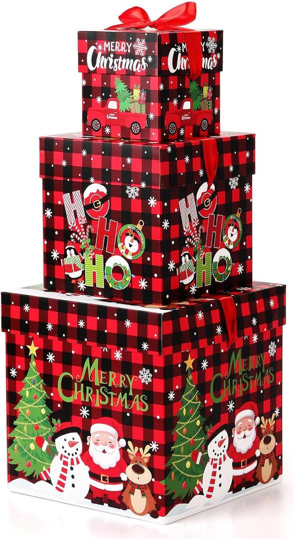 Trandraft 3 Pcs Christmas Nesting Gift Boxes Buffalo Plaid Xmas Stackable Boxes Black Red Decorative Xmas Nested Present Boxes with Lids and Ribbon for New Year Birthday Party Gift(Santa)