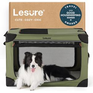 Lesure Shown on TODAY Show Soft Collapsible Dog Crate - 36 Inch Portable Travel Crate for Large Dogs Indoor & Outdoor, 4-Door Foldable Pet Kennel with Mesh Windows, Green