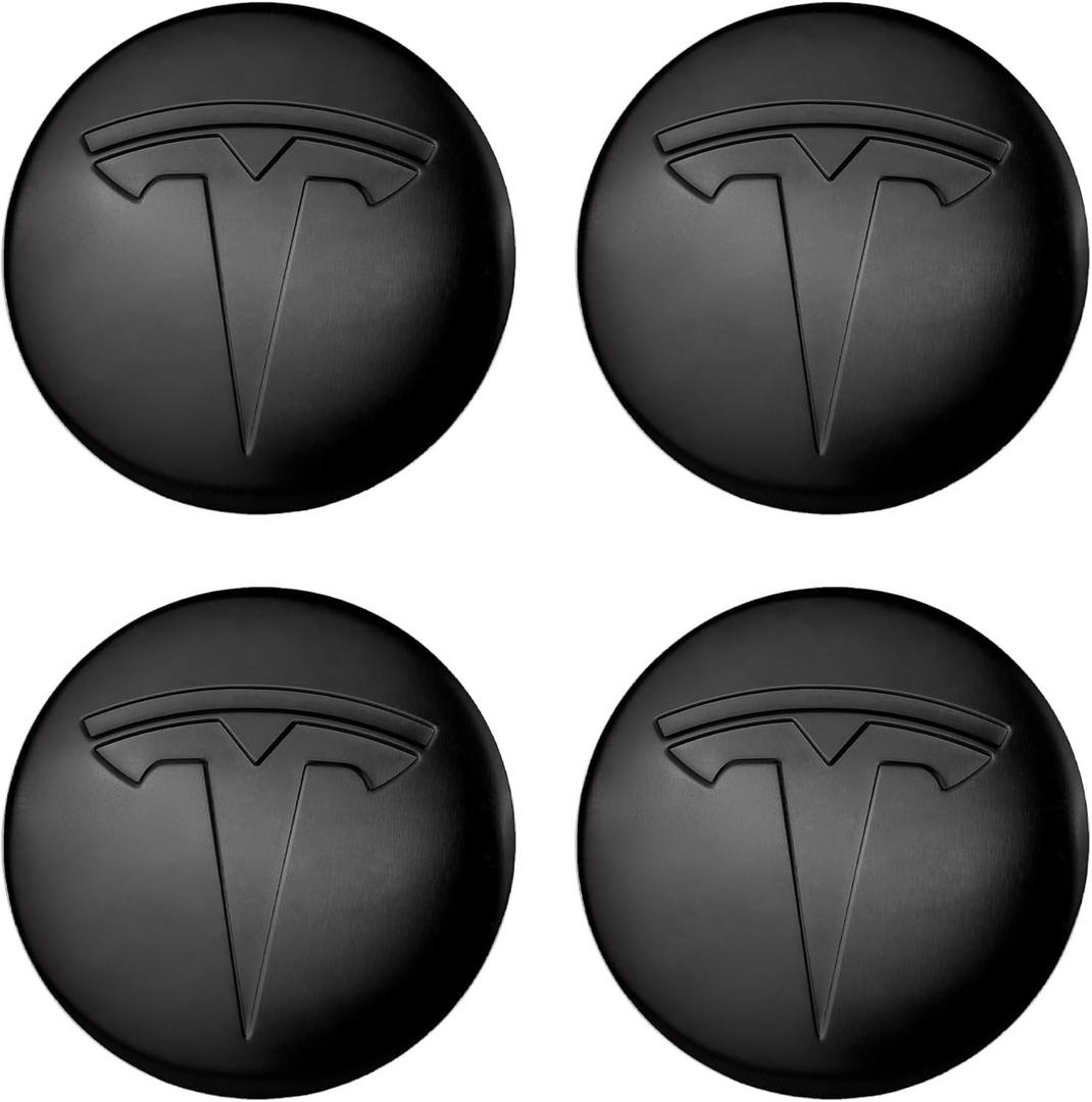4 PCS Wheel Center Hub Cap Sticker for Model 3 / Model Y, Wheel Rim Cover 2.2 Center Cap Sticker Compatible for Tesla Hubcaps with Logo Emblem, Waterproof Adhesive Backing (Matt Black & Matt Black)