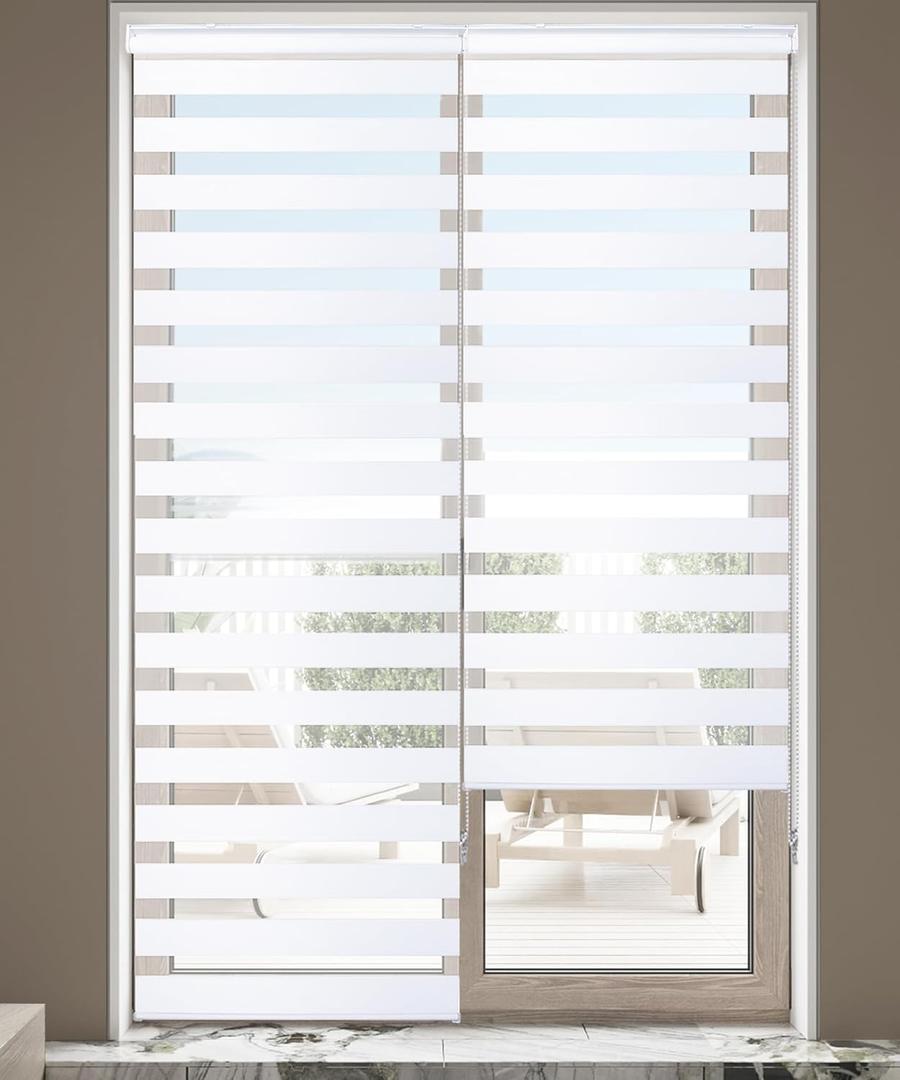 Homebox Blinds for Indoor Windows, Zebra Blinds, French Door Blinds 90" Length Light Filtering Dual Layer Roller Sheer Shades, 23.5" W x 90" H White, 2 Panels