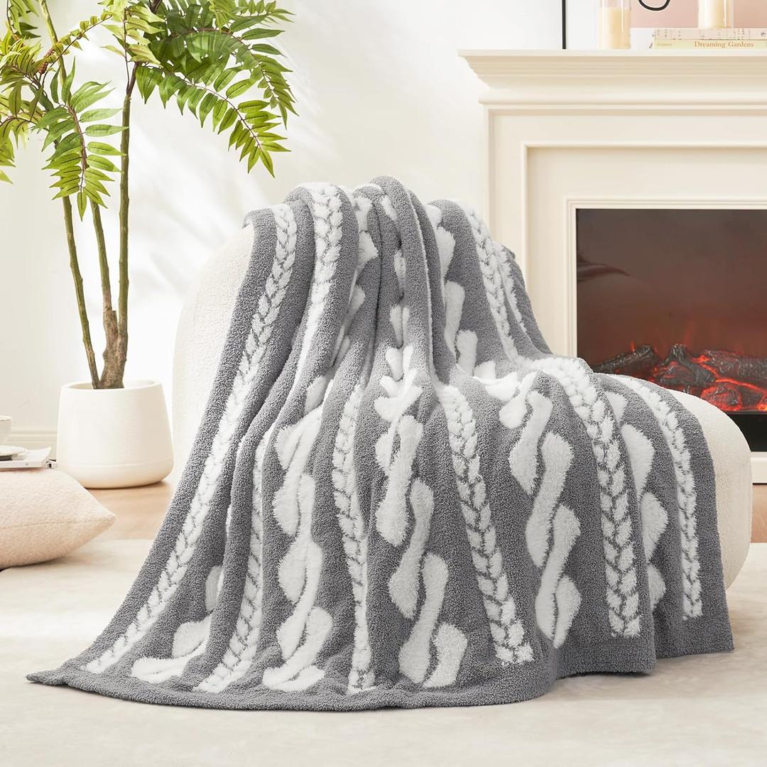 Amlie Home Cable Knit Throw Blanket for Couch, Reversible Super Soft Warm Blankets Cozy Grey Throw Blanket Fuzzy Plush Throws for Sofa Bed Living Room, 50" x 60", Cable Grey