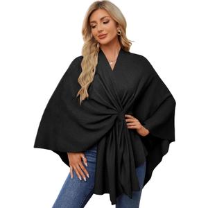PULI Women's Elegant Shawl Wraps Soft Open Front Poncho Sweater for Spring Fall Winter (Front Tab-black) One size, 31.5 Length