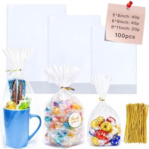 Cherodada Clear Cellophane Treat Bags with Ties, 5"x 8", 6"x 9", 8"x 11" (100 pcs) Bottom Gusset Bags, Clear Gift Bags for Party Favor, Gift Wrapping, Wrapping Candies, Cookies, Chocolates, Popcorn