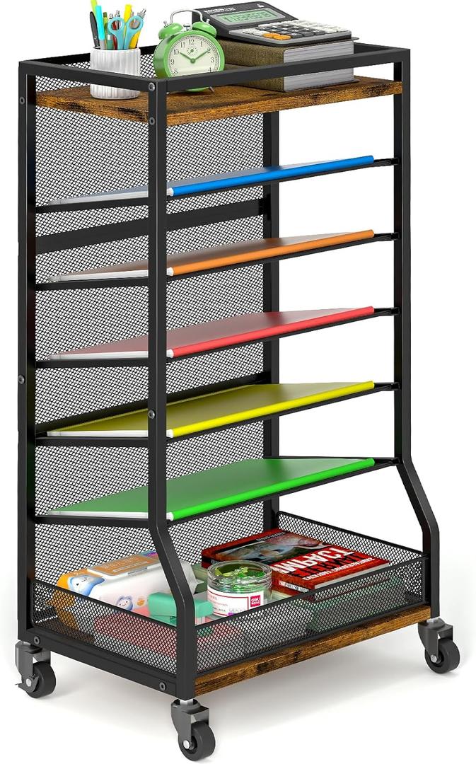 7 Tier Rolling File Cart with Sliding Trays, Wood Metal File Organizer Beside Desk, Free-Standing File Holder, Paper Letter Tray Organizer Mesh Desk Organizer for Home Office School (Patent) (Brown)