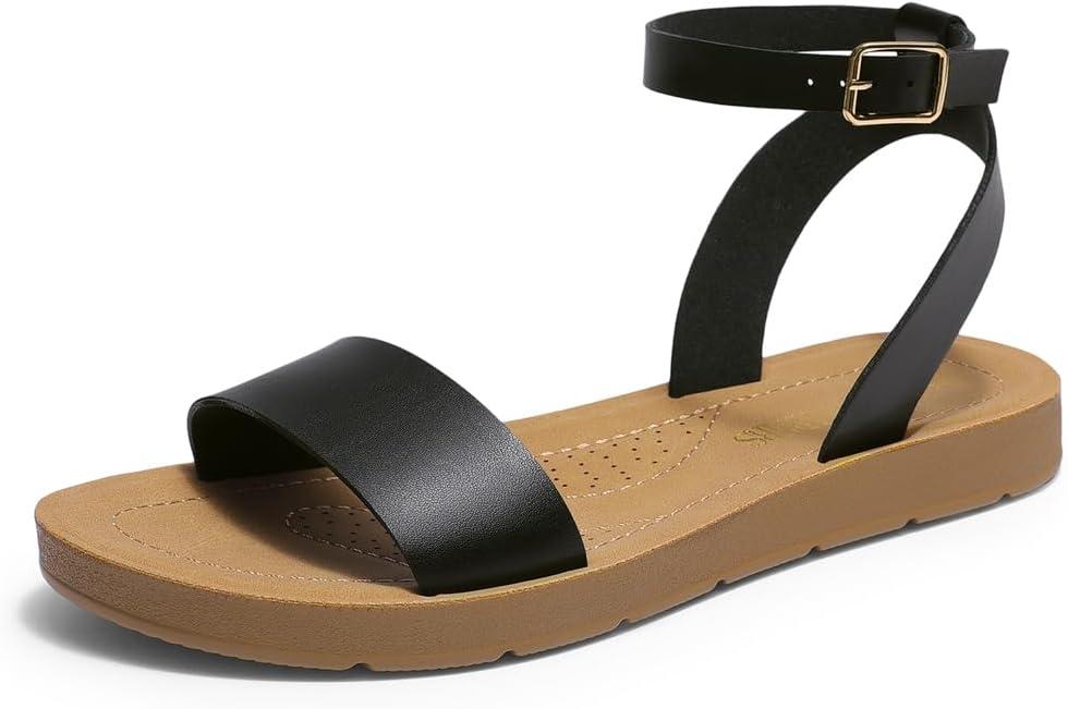 DREAM PAIRS Womens One Band Ankle Strap Buckle Flat Sandals (8.5, Black/Pu)