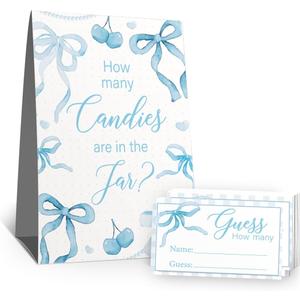 Guess How Many Candies Sign(1 Standing Sign-50 Guessing Cards) Pink Bow Theme Activities Cards Kit for Baby Showers, Newborn Parties, Bridal Shower, Engagement, Wedding Shower, Birthdays-62