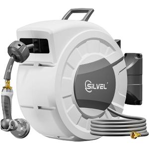 SILVEL Retractable Garden Hose Reel, 1/2 in x 110ft Wall Mount Heavy Duty Automatic Hose Reel with 10 Pattern Nozzle, Any Length Lock & Slow Return System, 180Swivel Bracket Upgraded UV Resistant