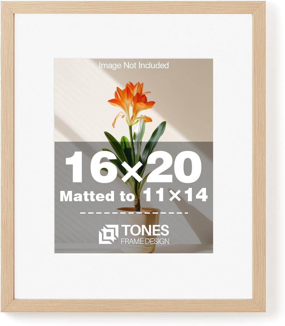 TONES FRAME DESIGN 16 x 20 Picture Frame Matted to 11x14 Natural Solid Wood Veneer Finish with Shatterproof Plexiglass, 16x20 Frame Wooden 20x16 Picture Frames for Wall Gallery Home Decor