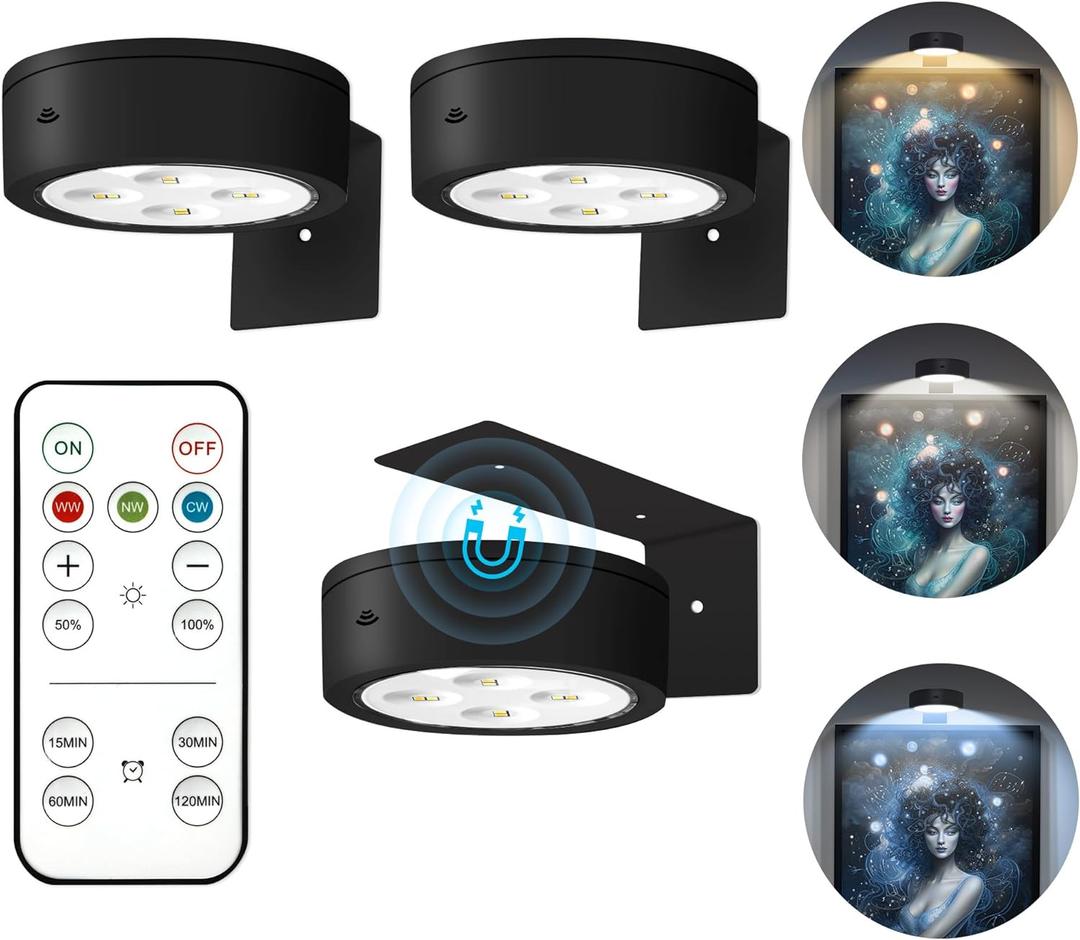 3Pcs Picture Lights for Wall Battery Operated, Magnetic Led Painting Light with Remote Dimmable and Timer, 3 Lighting Modes Art Display Light for Picture Frame, Wireless Wall Decor Puck Lights, Black