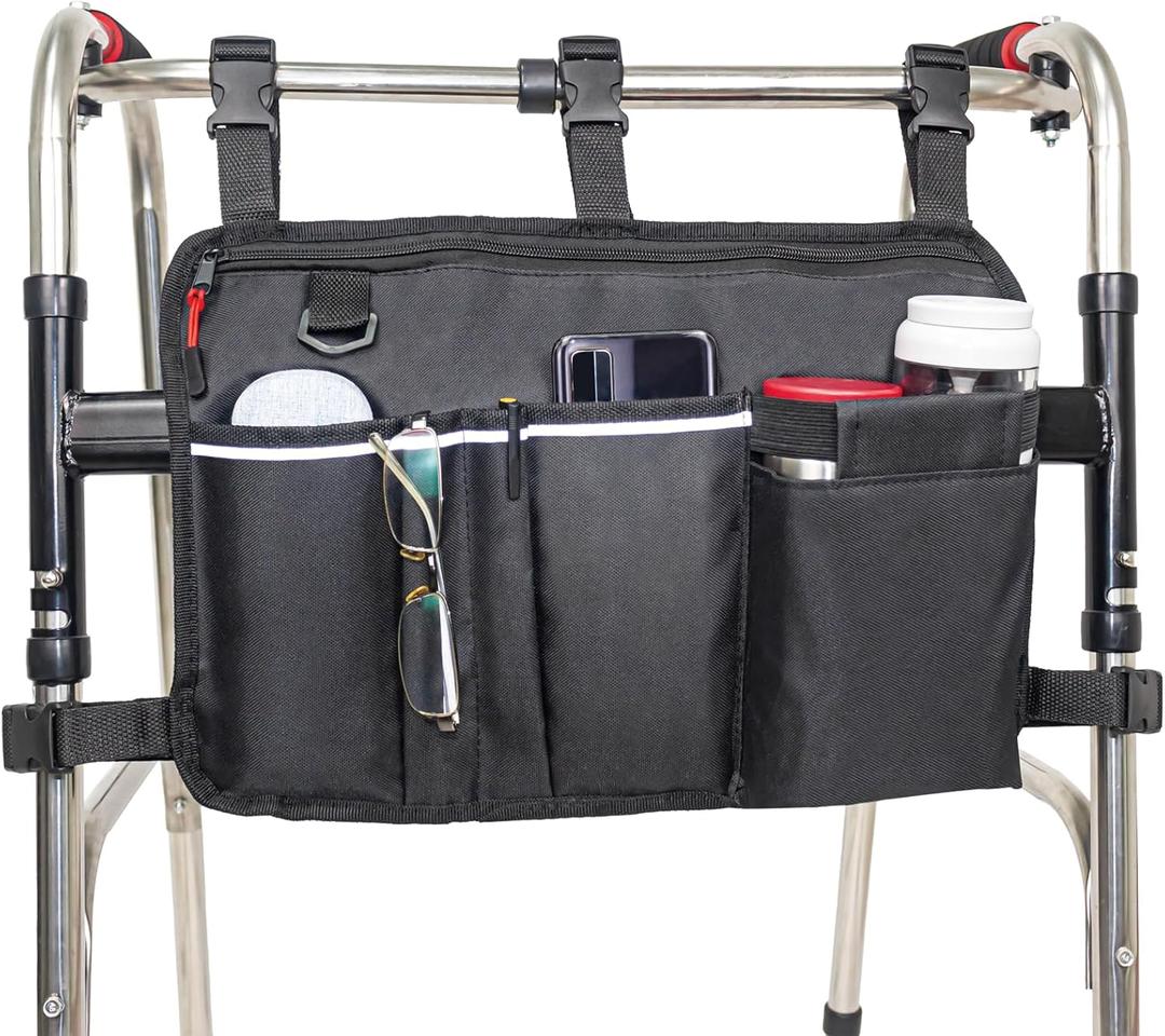 Walker Bag Walker Basket for Folding Walker with Cup Holder, Rollator Organizer Storage Pouch Universal Folding Walker Accessories Walker Bags for Seniors Bag for Walker (Large Black)