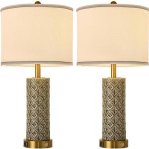 Set of 2 Table Lamp for Living Room Bedroom Farmhouse,26'' Touch Control Bedroom Smoke Grey Ceramic Lamps 3-Way Dimmable Bedside Lamps with USB A+C Ports Linen Shade for Home