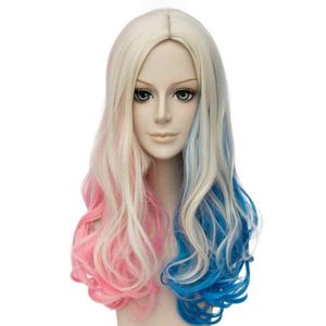 Qaccf Long Curly Blue Pink Blond Color Middle Parting Halloween Cosplay Women Wig (Mix)