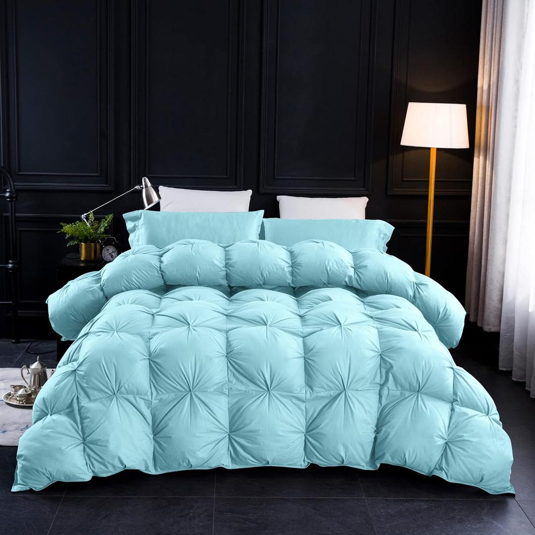 Three Geese Pinch Pleat Waterfowl Feathers and Down Comforter Palatial King Size Duvet Insert,750+ Fill Power,1200TC 100% Cotton, Premium All Seasons Aqua-Sky Warm Hotel Comforter with 8 Tabs.