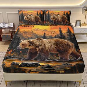 AILONEN Rustic Bear Bedding Set Twin Size,Wildlife Hunting Fitted Sheet with 2 Pillowcases,3 Pieces Woodland Pine Forest Animal Sheet Set