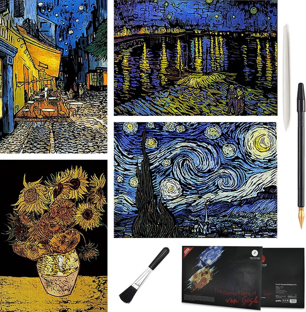 4-Sheet Van Gogh Rainbow Scratch Art Set for Adults & Teens, A4 Art Boards
Engraving Boards with Cafe Terrace, Sunflowers & Starry Night Scenes, 2 Pens & Brush for Guided Crafts, Gifts and Display