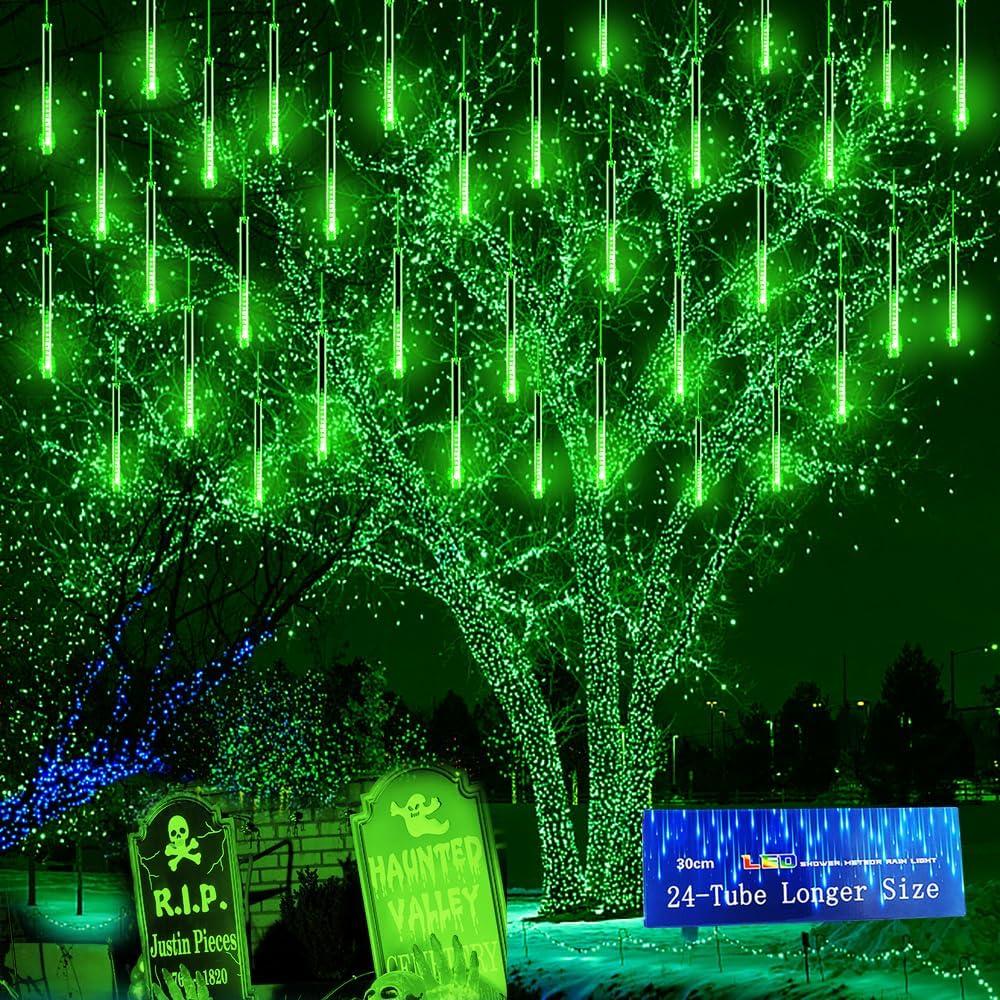 Kwaiffeo Green Christmas Lights, 24 Tubes Meteor Shower Lights(Equivalent to 3 Sets of 8-Tube) for Halloween Christmas Decorations Outdoor, Green Lights for Xmas St. Patrick's Day Party Tree, UL Plug