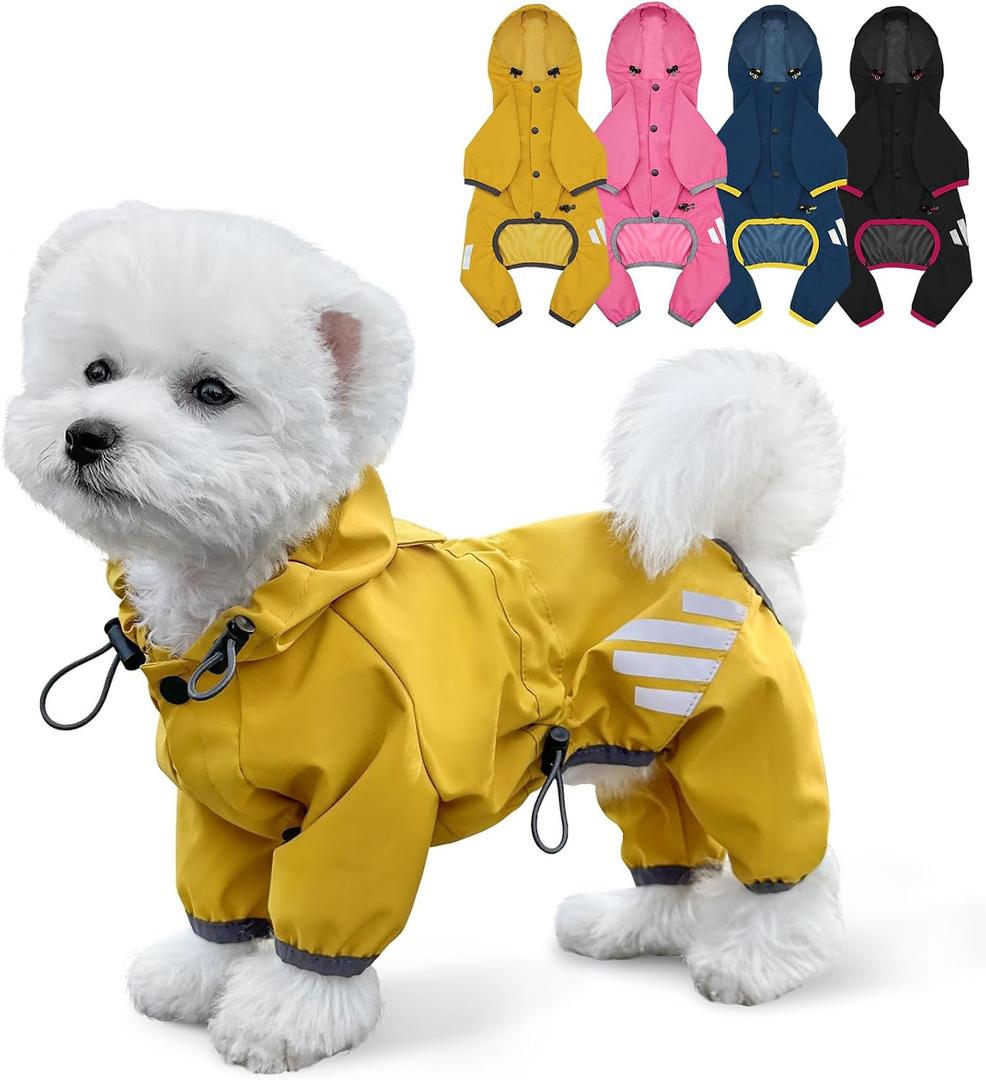 Dog Raincoat, Waterproof Dog Rain Jacket with Hood, Rain Coat with Leash Hole, Reflective Strap for Dogs, Lightweight Puppy Clothes(Yellow,L)